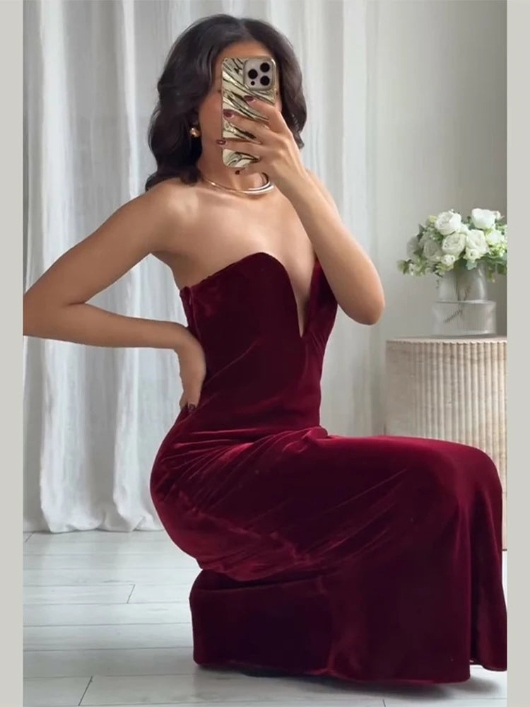 Burgundy Velvet Strapless Maxi Dress Sweetheart Neckline Side Zipper Bodycon 2025 Evening Elegant Women Dresses Party Lady Gown