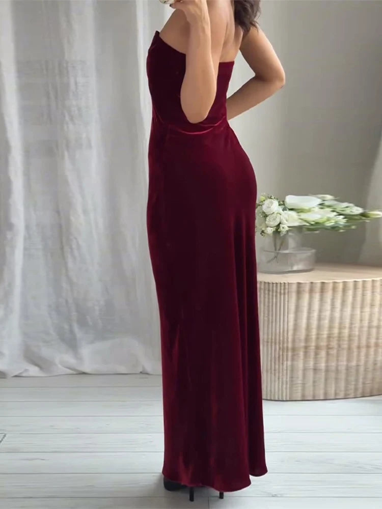 Burgundy Velvet Strapless Maxi Dress Sweetheart Neckline Side Zipper Bodycon 2025 Evening Elegant Women Dresses Party Lady Gown