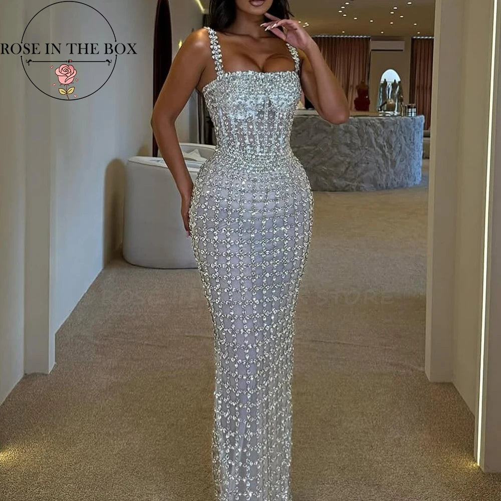 ROSEINTHEBOX Luxury Full Heavy Handmade Evening Dresses Mermaid Crystals Beading Wedding Dresses Spaghetti Strap Prom Dress
