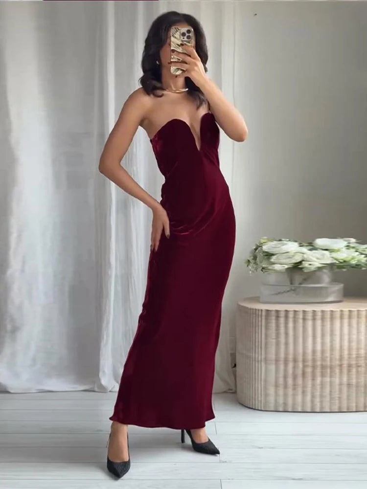 Burgundy Velvet Strapless Maxi Dress Sweetheart Neckline Side Zipper Bodycon 2025 Evening Elegant Women Dresses Party Lady Gown