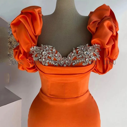 2025 Prom Dress Mermaid Puff Sleeves Women's Formal Party Dresses Long Sweetheart Luxury Crystal Orange Satin Evening Gowns
