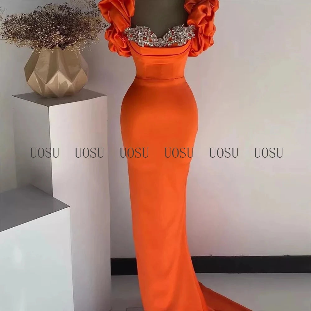 2025 Prom Dress Mermaid Puff Sleeves Women's Formal Party Dresses Long Sweetheart Luxury Crystal Orange Satin Evening Gowns