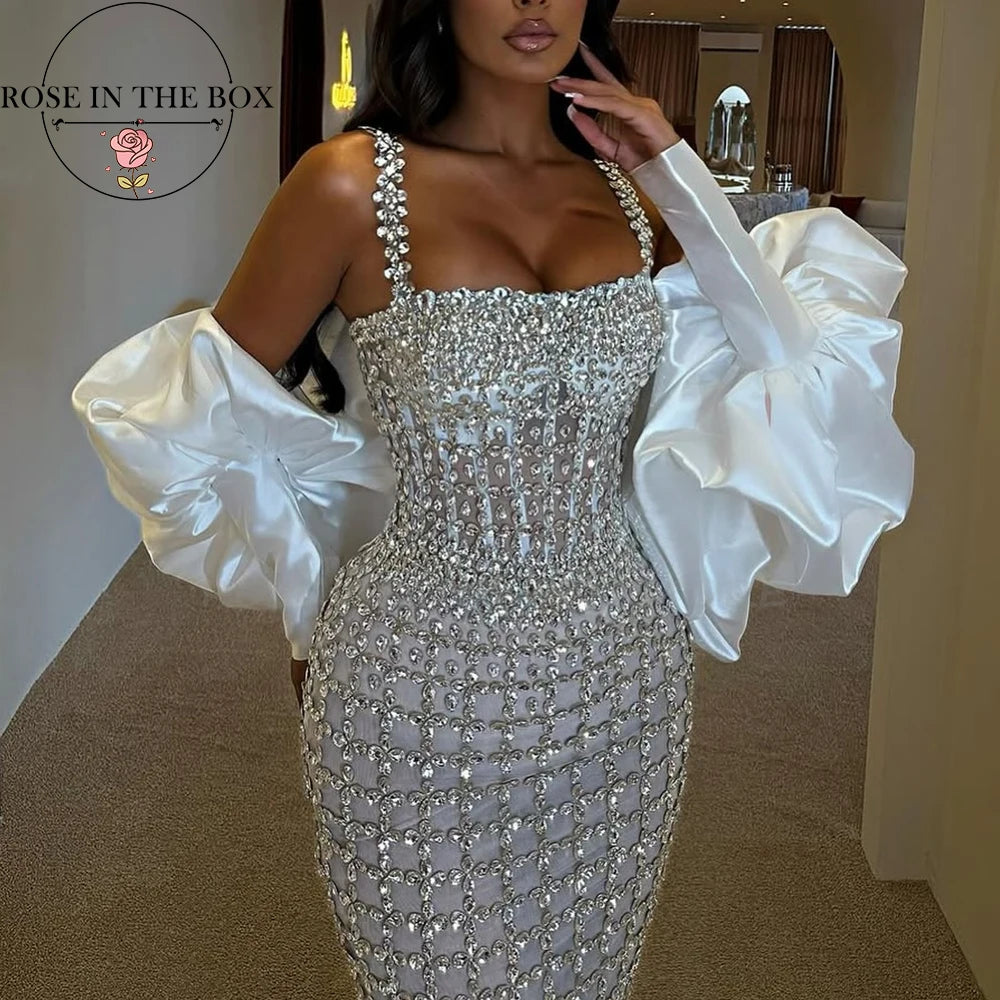 ROSEINTHEBOX Luxury Full Heavy Handmade Evening Dresses Mermaid Crystals Beading Wedding Dresses Spaghetti Strap Prom Dress