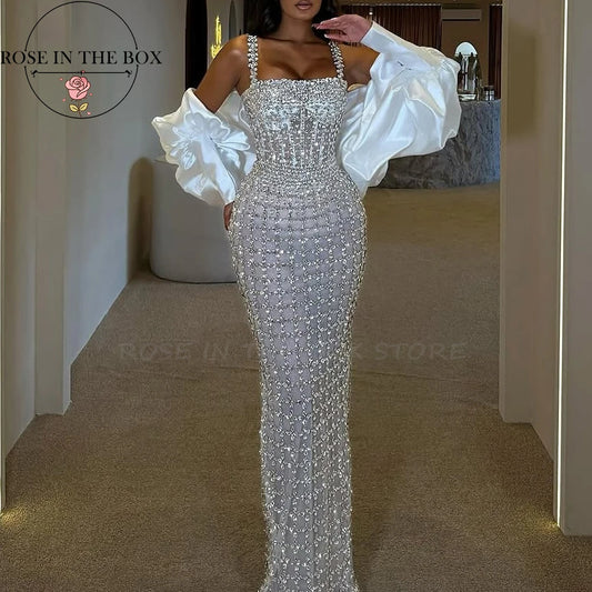 ROSEINTHEBOX Luxury Full Heavy Handmade Evening Dresses Mermaid Crystals Beading Wedding Dresses Spaghetti Strap Prom Dress