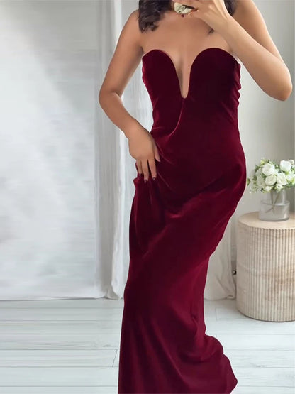 Burgundy Velvet Strapless Maxi Dress Sweetheart Neckline Side Zipper Bodycon 2025 Evening Elegant Women Dresses Party Lady Gown