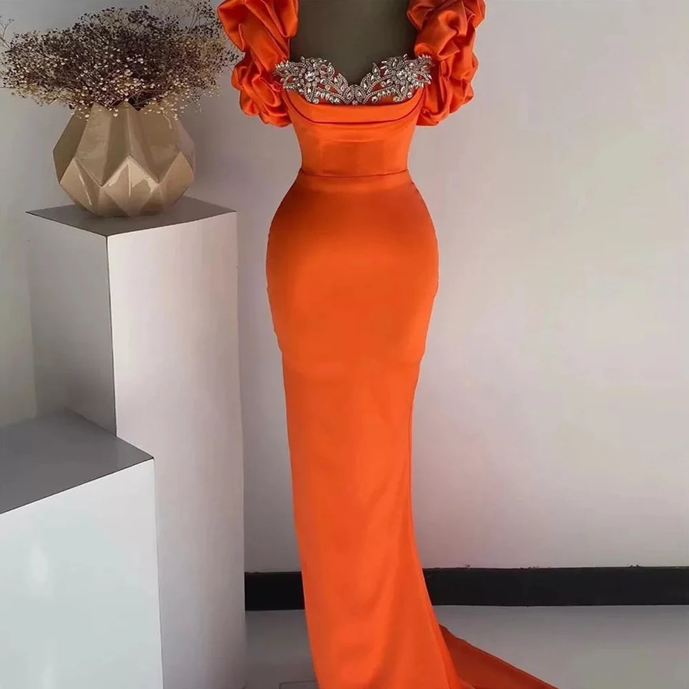2025 Prom Dress Mermaid Puff Sleeves Women's Formal Party Dresses Long Sweetheart Luxury Crystal Orange Satin Evening Gowns