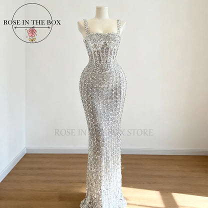 ROSEINTHEBOX Luxury Full Heavy Handmade Evening Dresses Mermaid Crystals Beading Wedding Dresses Spaghetti Strap Prom Dress