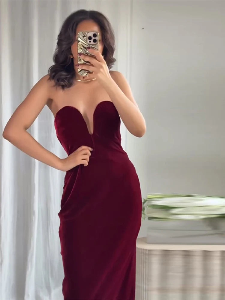 Burgundy Velvet Strapless Maxi Dress Sweetheart Neckline Side Zipper Bodycon 2025 Evening Elegant Women Dresses Party Lady Gown