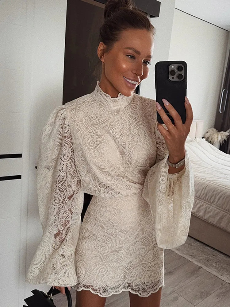 Trendy Hollow Out Lace Lady Mini Dress Elegant 2025 New Long Sleeve Designs Chic High Neck Short Vestidos Autumn Club Night Gown