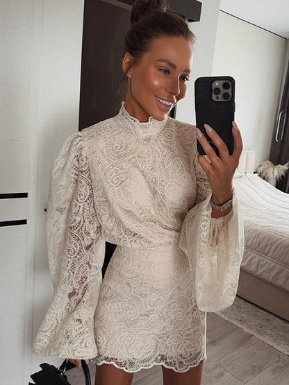 Trendy Hollow Out Lace Lady Mini Dress Elegant 2025 New Long Sleeve Designs Chic High Neck Short Vestidos Autumn Club Night Gown