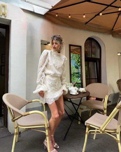 Trendy Hollow Out Lace Lady Mini Dress Elegant 2025 New Long Sleeve Designs Chic High Neck Short Vestidos Autumn Club Night Gown